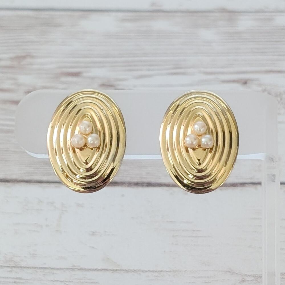 Vintage Clip On Earrings Unusual 1" Oval with Faux Pearl Trio Elegant Statement